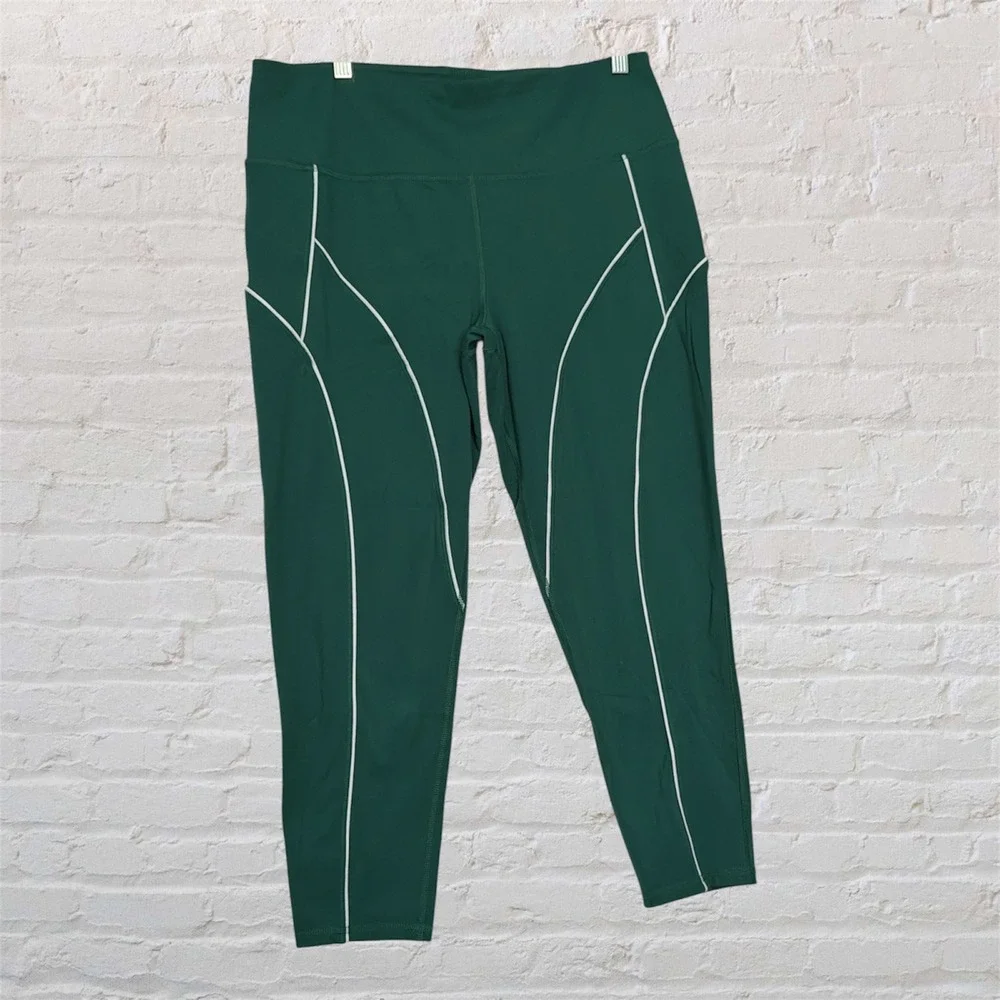 DSG Womens XL Forest Green High Rise Compression Leggings White Piping Tights